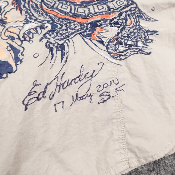 Ed Hardy Shirt Mens Large Beige Tattoo Graphic Love Kills Slowly Western Style - Picture 6 of 15